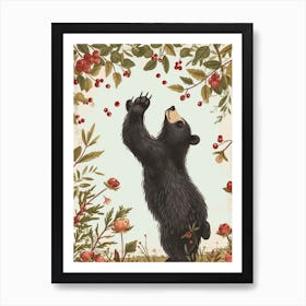 American Black Bear Standing And Reaching For Berries Storybook Illustration 3 Art Print