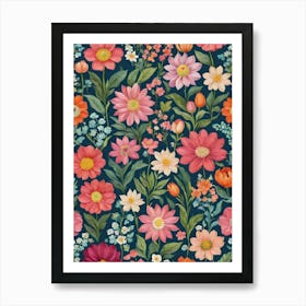 Painted Spring and Summer Flowers Boho Pattern - Navy Background Pinks Yellow Daisy Bohemian Wallpaper Art Like Amy Butler and William Morris Fabric Print For Lunar Pagan Gallery Feature Wall Floral Botanical Luna Lover HD Art Print