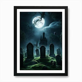 Ghostly Figures Looming Above An Ancient Graveyard In The Haunting Grip Of A Tempestuous Night Sky (4) Art Print