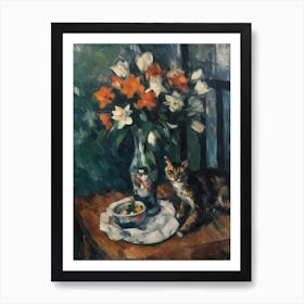 Flower Vase Lilies With A Cat 1 Impressionism, Cezanne Style Art Print