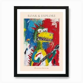 Dinosaur Playing Guitar Scribble Paint Splash 4 Poster Art Print