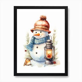 Snowman With Lantern, watercolor clipart Art Print