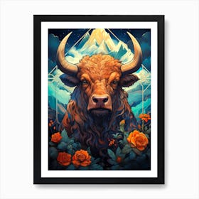 Bull With Roses Art Print