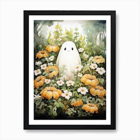 Cute Bedsheet Ghost, Botanical Halloween Watercolour 38 Art Print