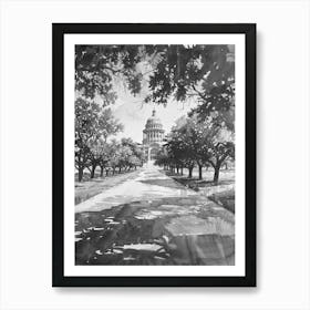 The Texas State Capitol Austin Texas Black And White Watercolour 3 Art Print