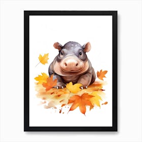 Hippopotamus Watercolour In Autumn Colours 1 Art Print