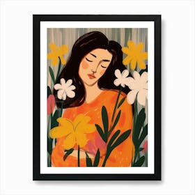 Woman With Autumnal Flowers Freesia 1 Art Print