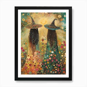 Best Friend Witches Watch the Summer Solstice | Pagan Litha Art | Colorful Witch Print | Botanical Green Witchcraft | Flowers Sunshine Beautiful Art Print