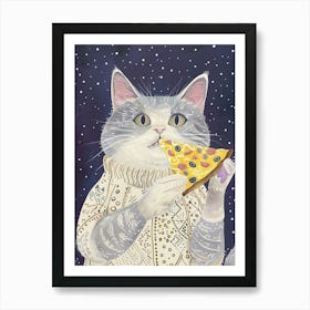 Grey And White Cat Pizza Lover Folk Illustration 3 Art Print