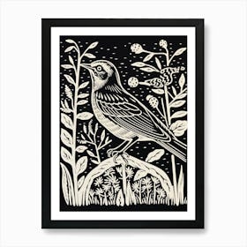 B&W Bird Linocut Lark 2 Art Print