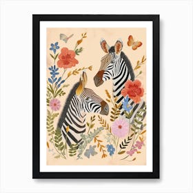 Folksy Floral Animal Drawing Zebra 3 Art Print