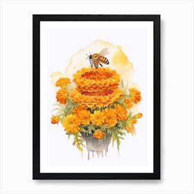 Beehive With Marigold Watercolour Illustration 1 Art Print