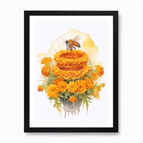 Beehive With Marigold Watercolour Illustration 1 Poster