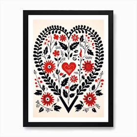 Folky Floral Heart Pattern Red Cream & Black Art Print