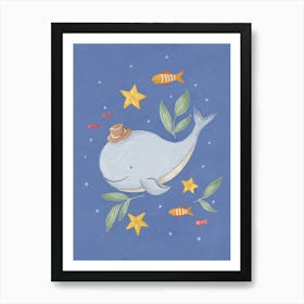 Happy while with fish & star fish with blue background Art Print