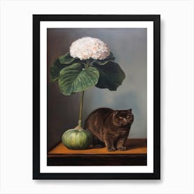 Painting Of A Still Life Of A Hydrangea With A Cat, Realism 3 Art Print