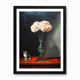 Painting Of A Still Life Of A Carnations With A Cat, Realism 2 Art Print