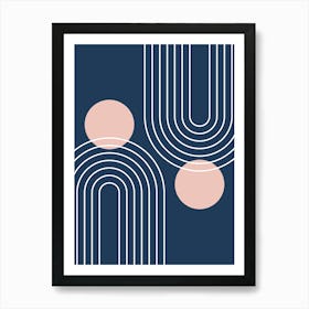 Mid Century Modern Geometric B6 In Navy Blue And Pastel Pink (Rainbow And Sun Abstract) 01 Art Print