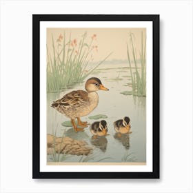 Japanese Woodblock Style Ducklings Art Print