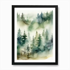 Appalachian Mountains of Misty Pines Watercolor Print of Evergreen Forest..130 Art Print