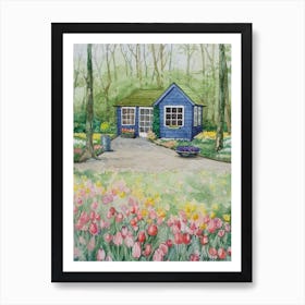 Watercolor Landscape House In Tulips Art Print