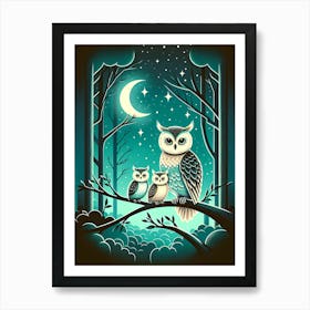 Magical Owl Family Art Deco AI Art Print