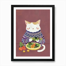 White Tan Cat Eating Salad Folk Illustration 3 Art Print