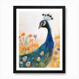 Peacock In The Meadow Sketch 1 Art Print