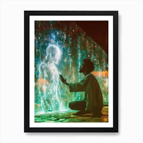 Afro-futuristic man praying to hologram Sci Fi futuristic Art Print