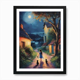 We'll Watch You Walk Home ~ The Little Girl With Her Cat Friends Art Print
