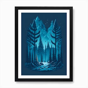 A Fantasy Forest At Night In Blue Theme 1 Art Print