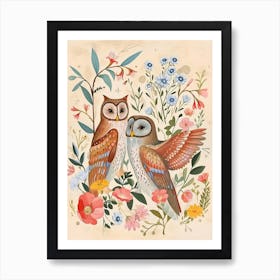 Folksy Floral Animal Drawing Owl Art Print