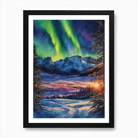 The Northern Lights - Aurora Borealis Rainbow Winter Snow Scene of Lapland Iceland Finland Norway Sweden Forest Lake Watercolor Beautiful Celestial Artwork for Home Gallery Wall Magical Etheral Dreamy Traditional Christmas Greeting Card Painting of Heavenly Fairylights 8 Art Print