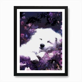 White Dog Sleeping In Purple Flowers Art Print