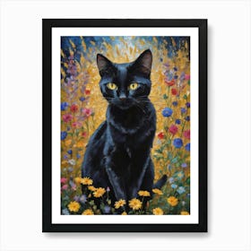 Klimt Style Black Cat in Garden Flowers Meadow Gold Leaf Painting - Gustav Klimt and Monet Waterlillies Poppies Daisies Inspired Textured Wall Decor - Super Vibrant HD High Resolution Art Print