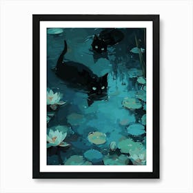 Black Cats In A Pond Art Print