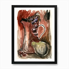Still Life With Grapes - hand painted watercolor vertical beige brown Art Print