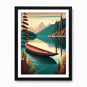 Canoe On Lake Water Waterscape Retro Illustration 1 Art Print