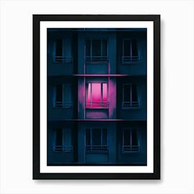 Minimalist Neon Art: A dark urban apartment building with one glowing pink window. Perfect for moody, modern aesthetics. Art Print