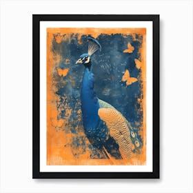 Orange & Navy Blue Peacock With Butterflies Art Print