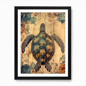 Textured Floral Sea Turtle Blue & Sepia 1 Art Print