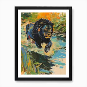 Black Lion Crossing A River Fauvist Painting 2 Art Print