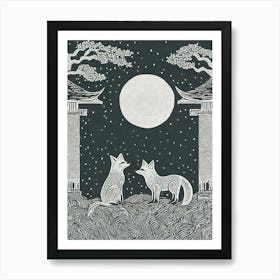 A Mystical Scene Of Fox Spirits In A Moonlit Shrine Art Print