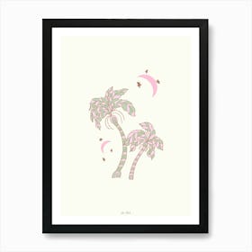 Pink Boho Palm Trees and Moon Art Print