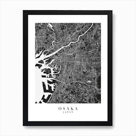 Osaka Japan Minimal Black Mono Street Map  Art Print