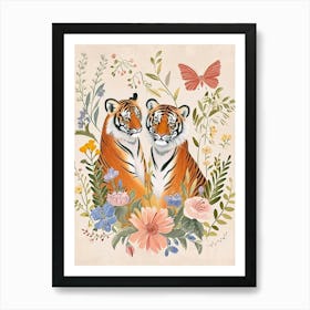 Folksy Floral Animal Drawing Tiger Art Print