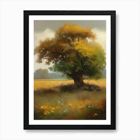 Oak tree, fine work of art, misty atmosphere, green meadow..13 Art Print