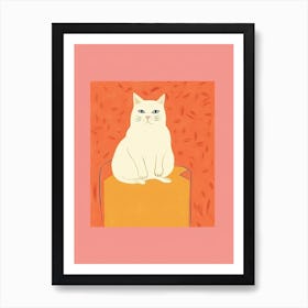 White Cat Orange Background Illustration 9 Art Print