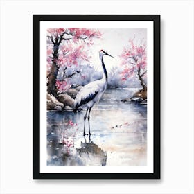 Japanese Crane Watercolor Painting With Blossom Trees | Over the Lake in Spring | Pink and Grey Mid Century Minimalist Japan Art Style in HD Art Print