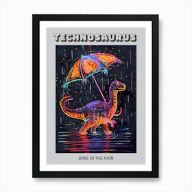 Neon Dinosaur With Umbrella In The Rain 4 Poster Art Print